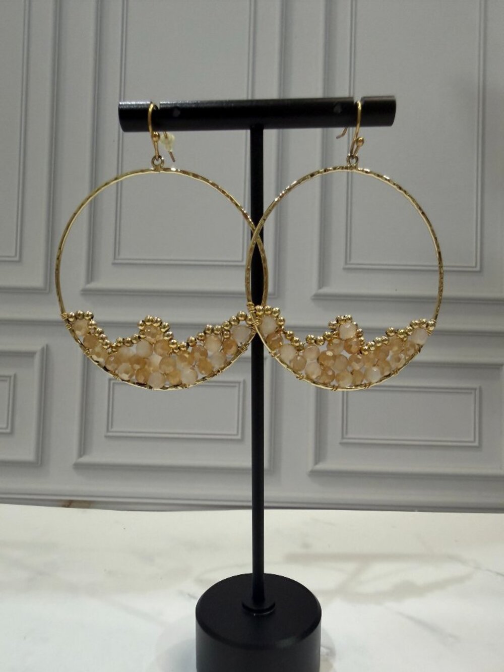 Gold Scalloped Beaded Hoop Earrings Champagne Crystal Dangle Wire Pierced